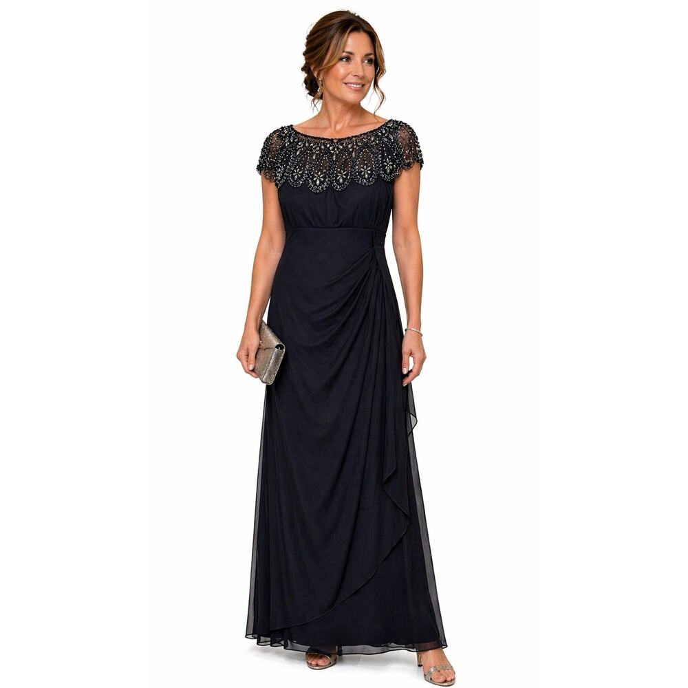Xscape Beaded Neckline Gown Women's 14 Navy Short Sleeve Ruched Timeless Formal